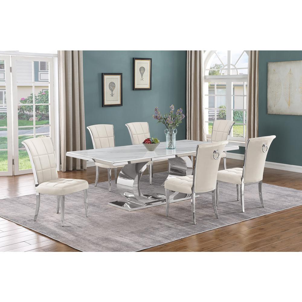 7pc Large (87") marble top dining set with silver base and 6 Cream side chairs