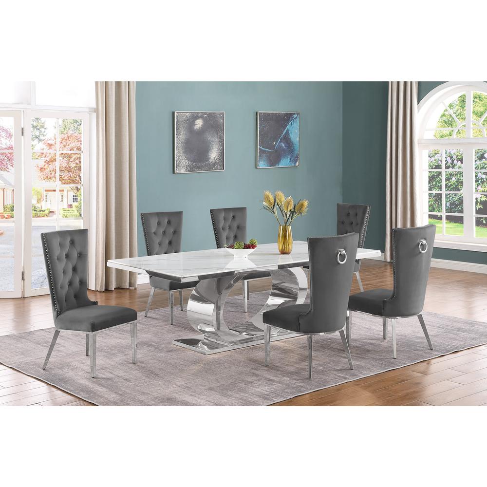 7pc Large(87") marble top dining set with silver base and 6 Dark grey chairs