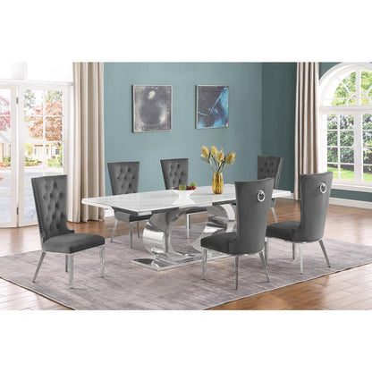 7pc Large(87") marble top dining set with silver base and 6 Dark grey chairs