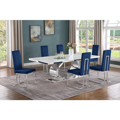 7pc Large(87") marble top dining set with silver base and 6 Navy blue chairs
