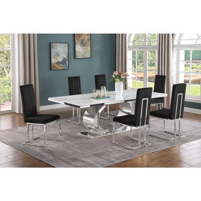 7pc Large(87") marble top dining set with silver base and 6 Black side chairs