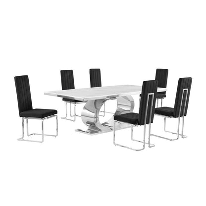 7pc Large(87") marble top dining set with silver base and 6 Black side chairs