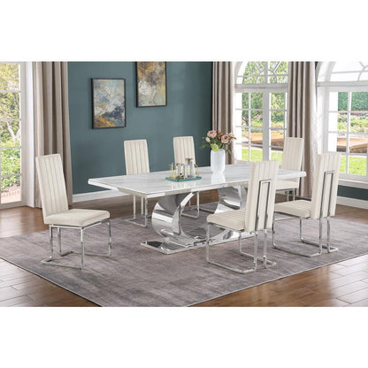7pc Large(87") marble top dining set with silver base and 6 Cream side chairs