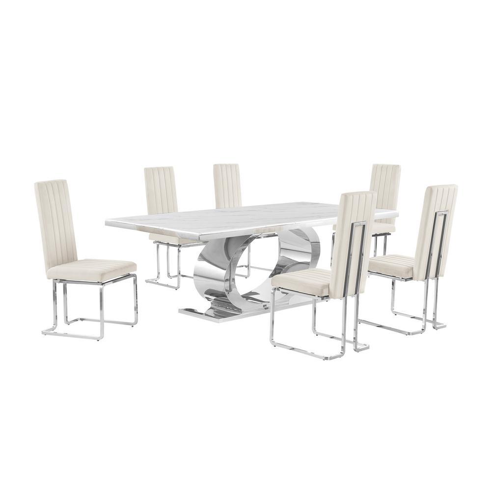 7pc Large(87") marble top dining set with silver base and 6 Cream side chairs
