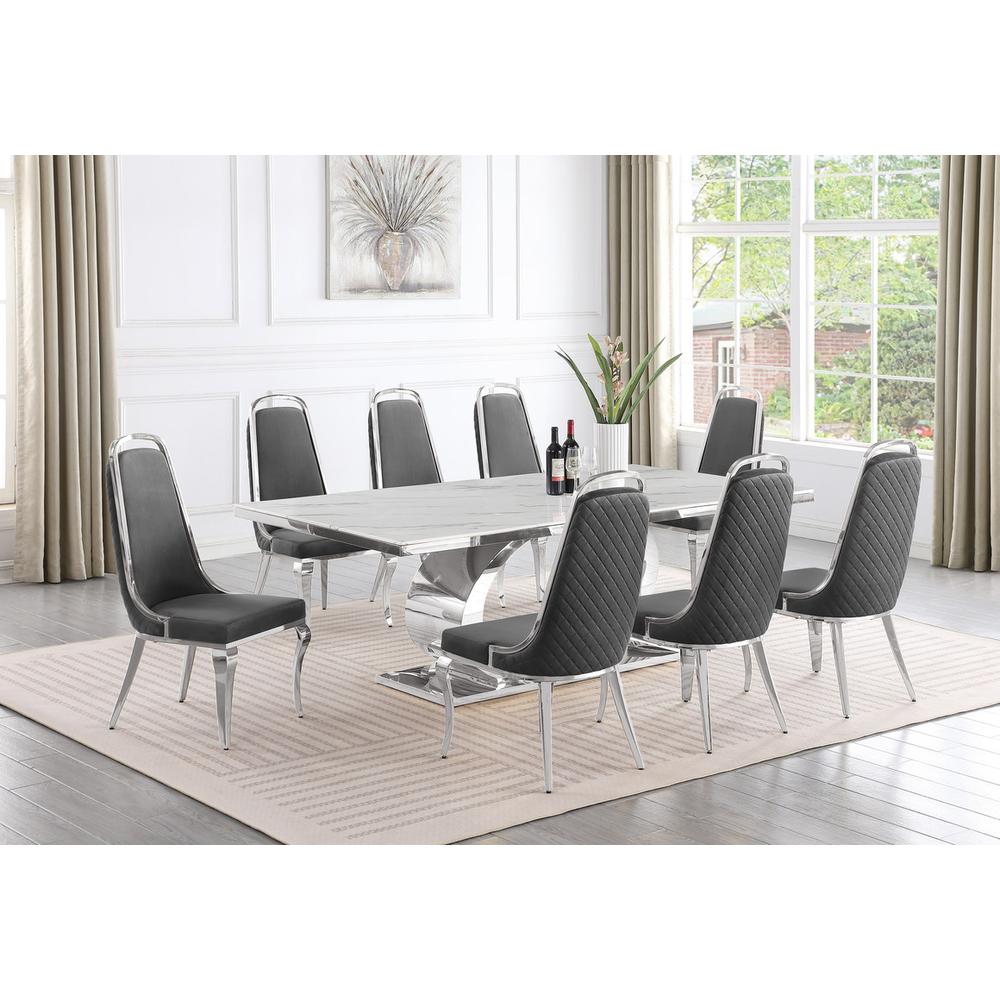 9pc Large(87") marble top dining set with silver base and 8 Dark grey chairs