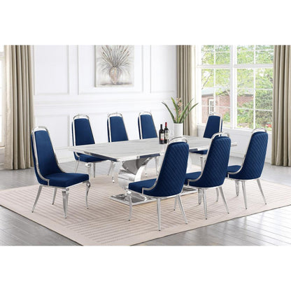 9pc Large(87") marble top dining set with silver base and 8 Navy blue chairs