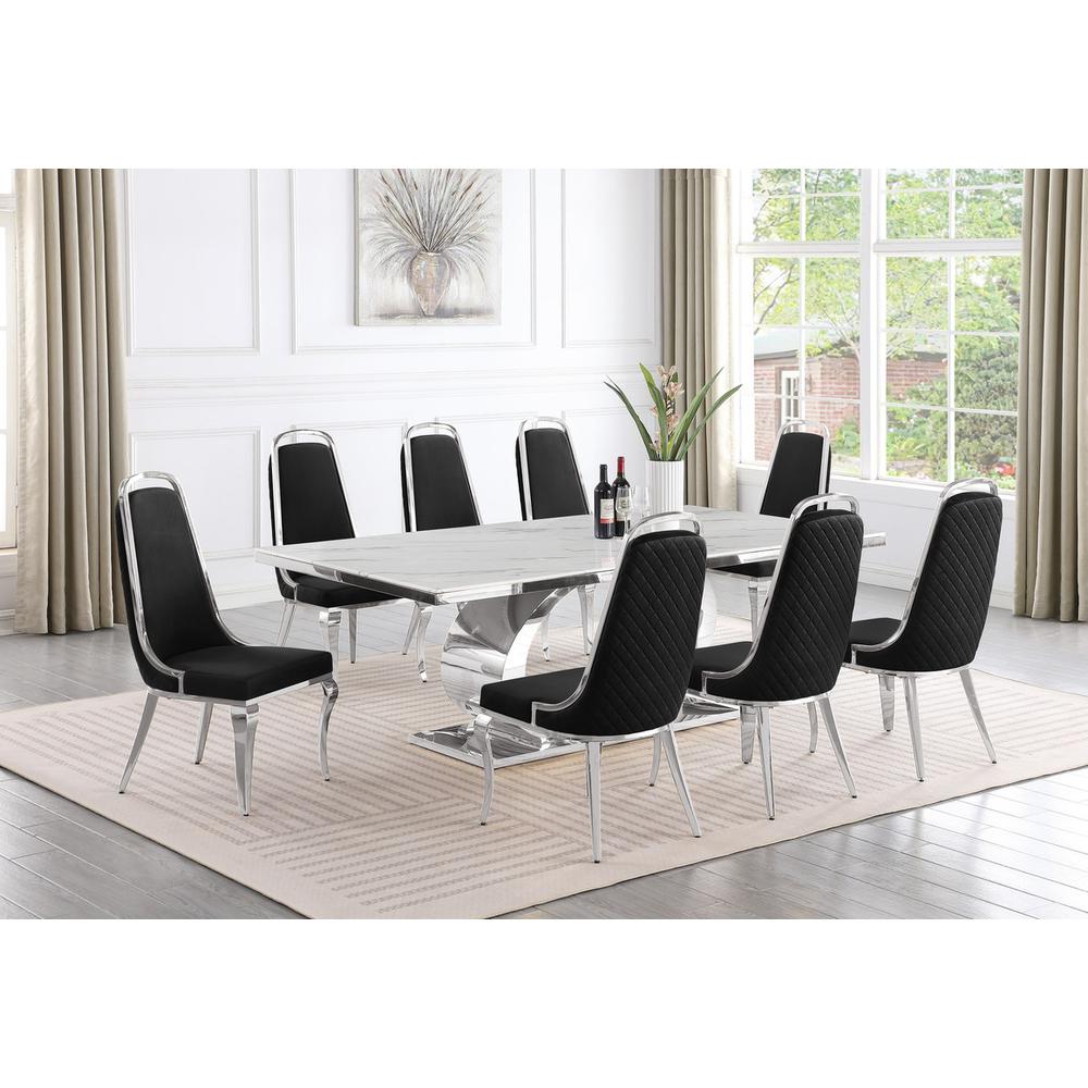 9pc Large(87") marble top dining set with silver base and 8 Black side chairs
