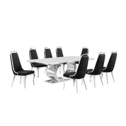 9pc Large(87") marble top dining set with silver base and 8 Black side chairs