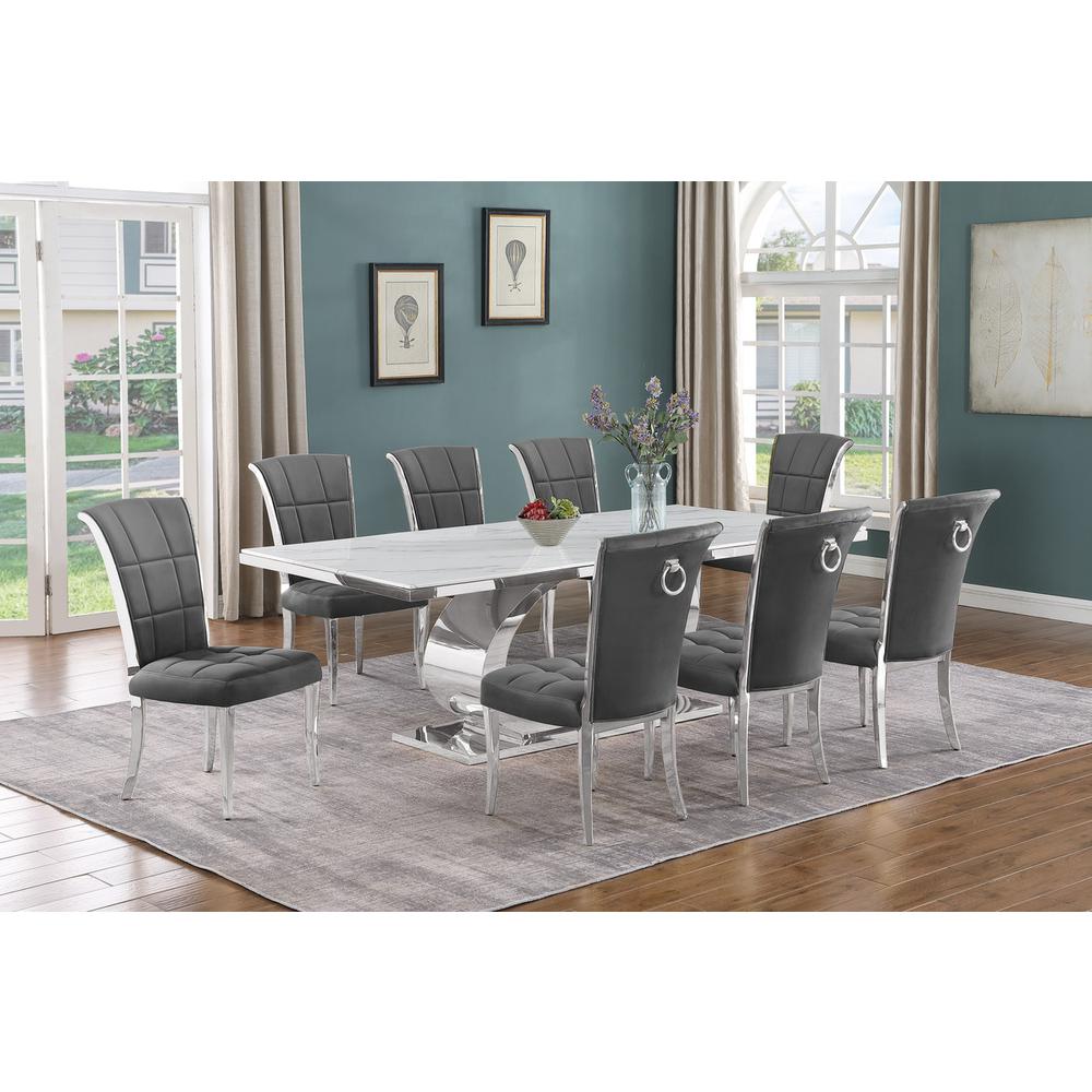 9pc Large (87") marble top dining set with silver base and 8 Dark grey chairs
