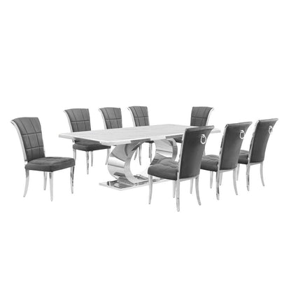 9pc Large (87") marble top dining set with silver base and 8 Dark grey chairs