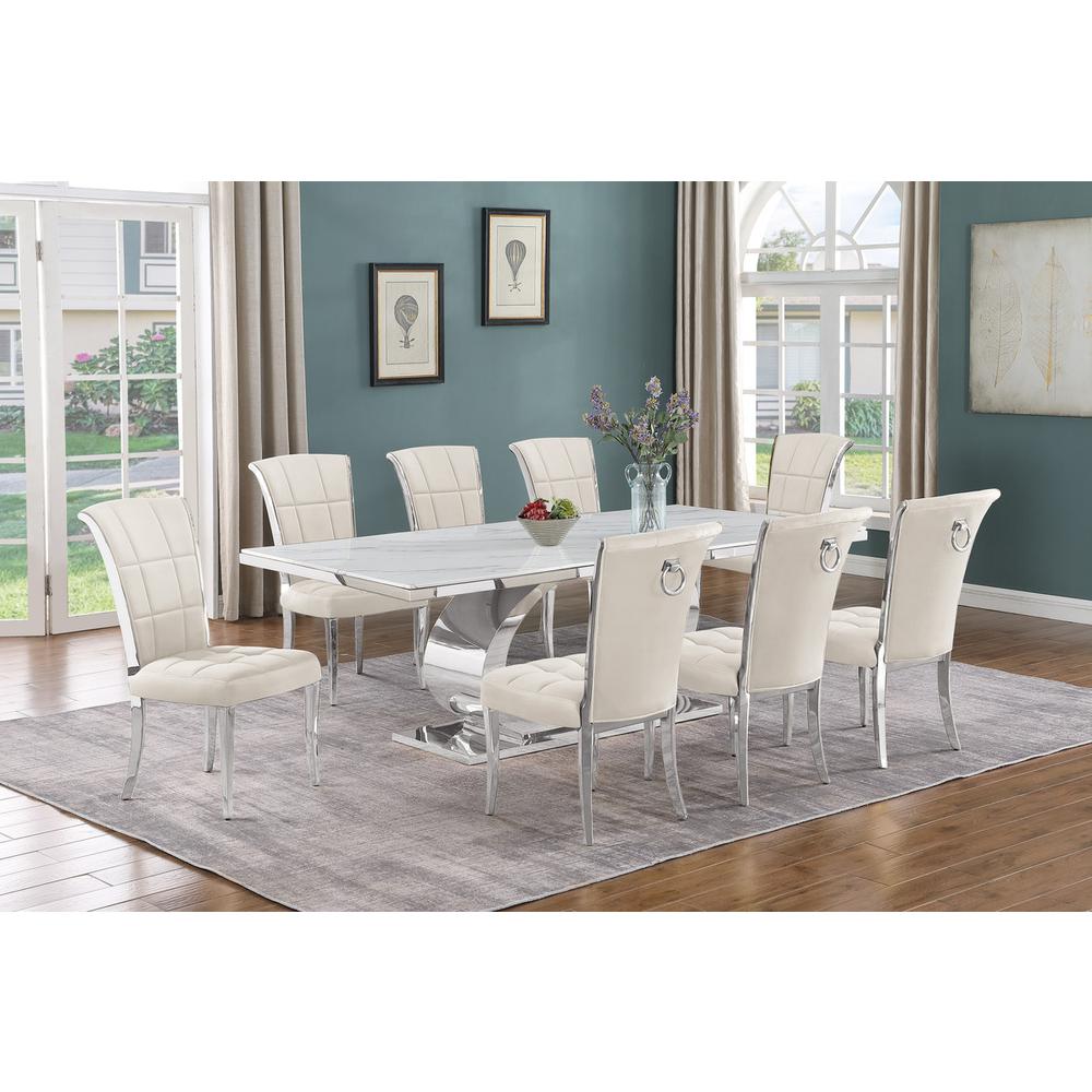 9pc Large (87") marble top dining set with silver base and 6 Cream side chairs