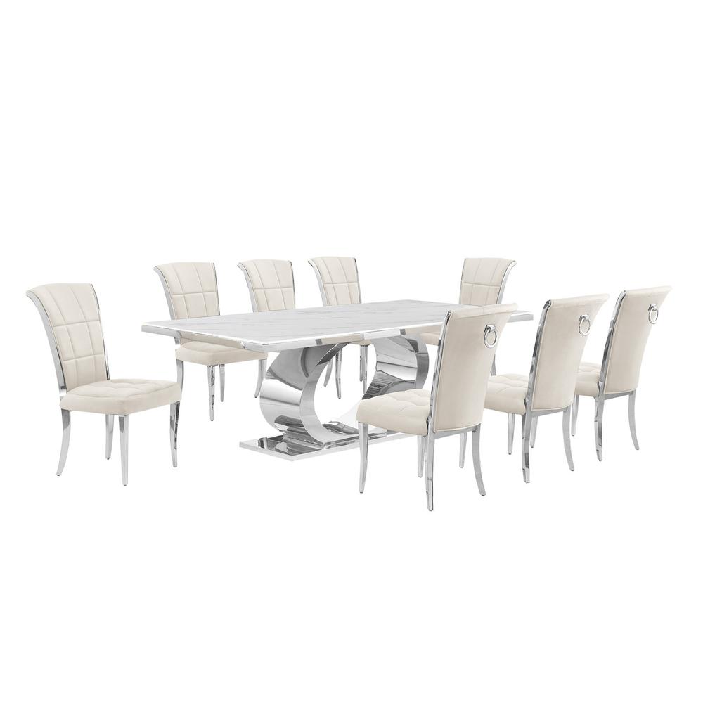 9pc Large (87") marble top dining set with silver base and 6 Cream side chairs