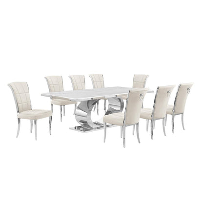 9pc Large (87") marble top dining set with silver base and 6 Cream side chairs