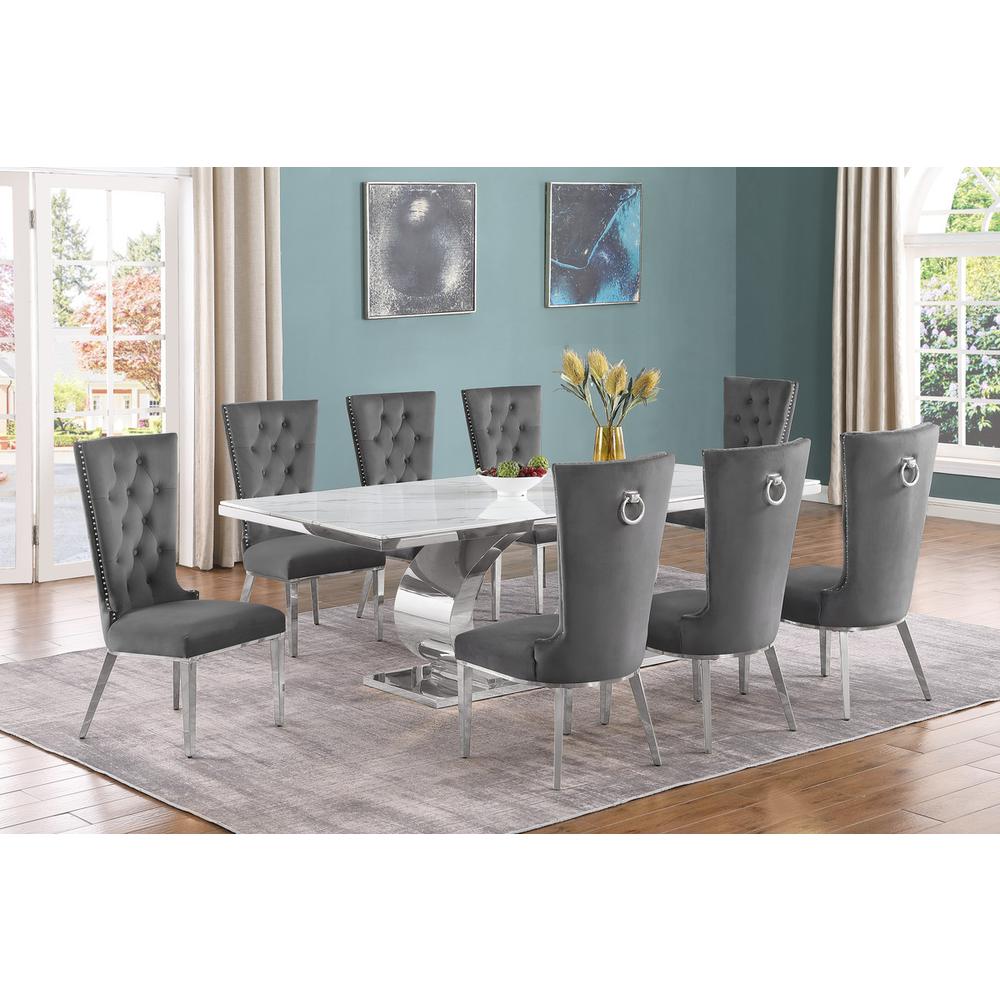 9pc Large(87") marble top dining set with silver base and  8 Dark grey chairs