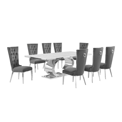 9pc Large(87") marble top dining set with silver base and  8 Dark grey chairs
