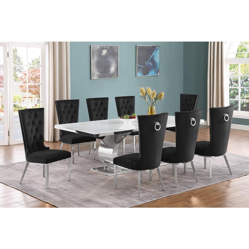 9pc Large(87") marble top dining set with silver base and  8 Black side chairs
