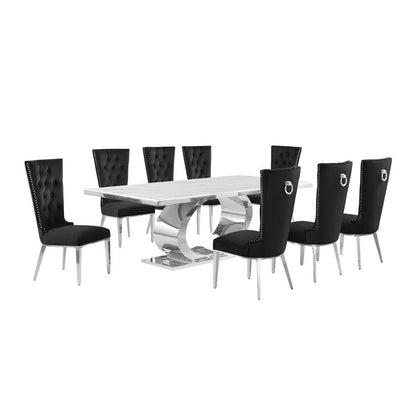 9pc Large(87") marble top dining set with silver base and  8 Black side chairs