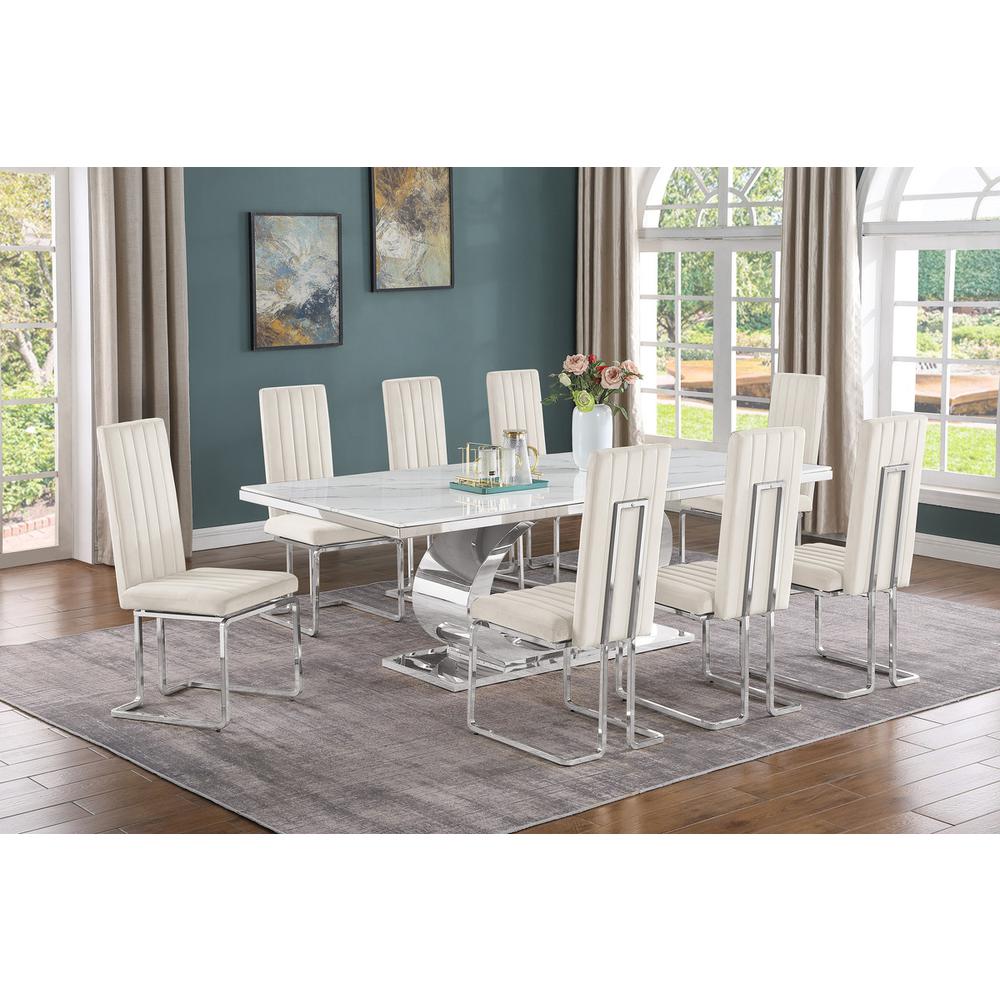 9pc Large(87") marble top dining set with silver base and 8 Cream side chairs