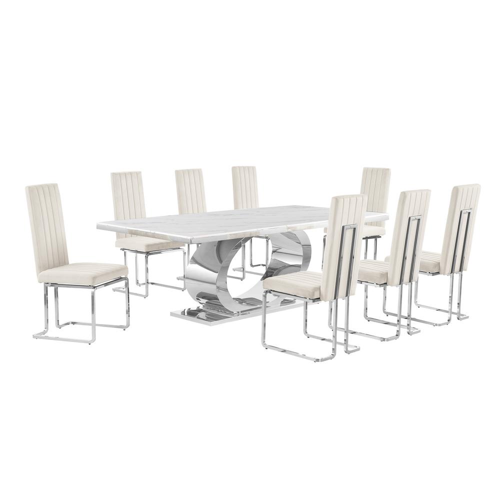 9pc Large(87") marble top dining set with silver base and 8 Cream side chairs