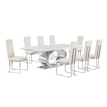 9pc Large(87") marble top dining set with silver base and 8 Cream side chairs