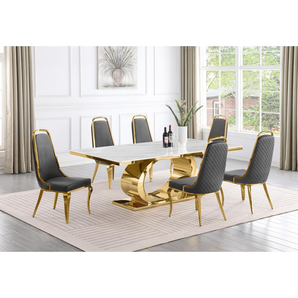 7pc Large (87") marble top dining set with gold base and 6 Dark grey side chairs