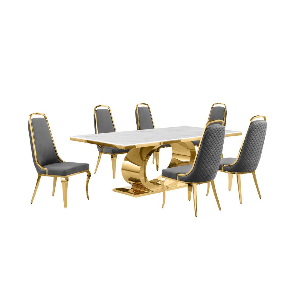 7pc Large (87") marble top dining set with gold base and 6 Dark grey side chairs