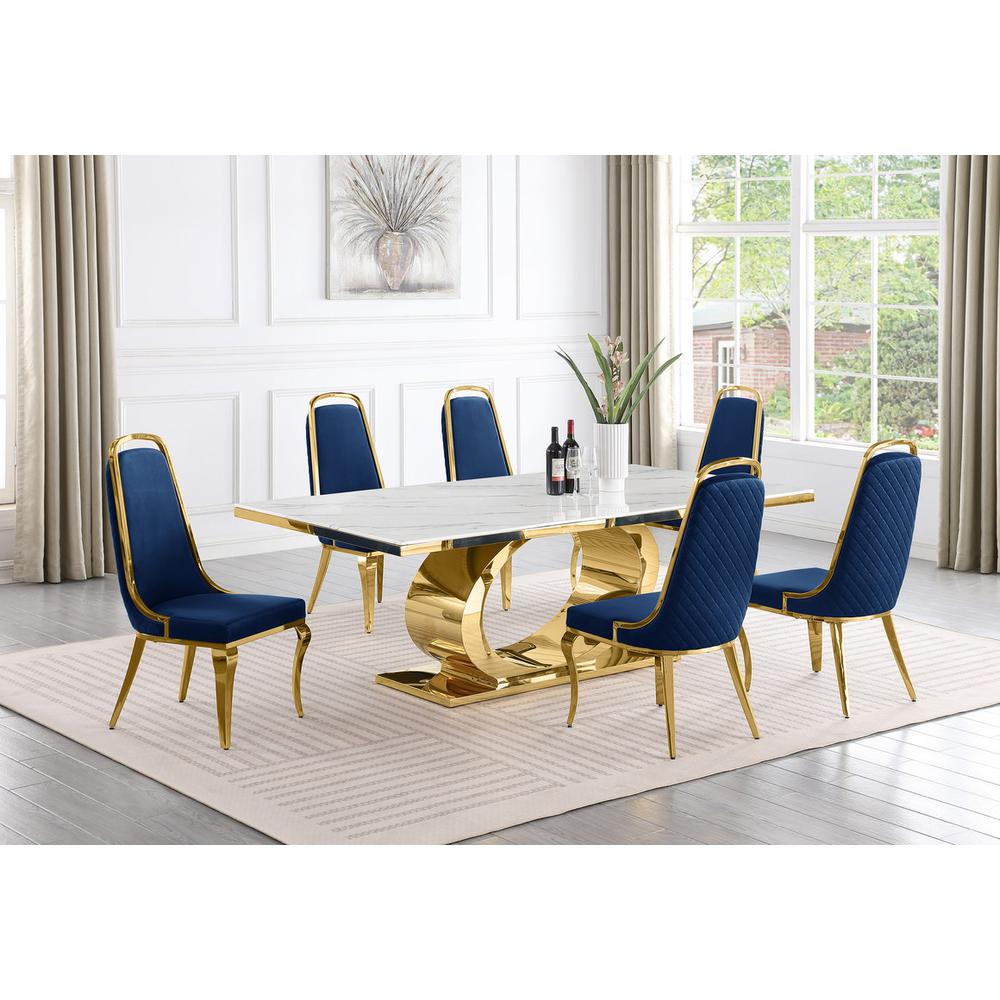 7pc Large (87") marble top dining set with gold base and 6 Navy blue side chairs