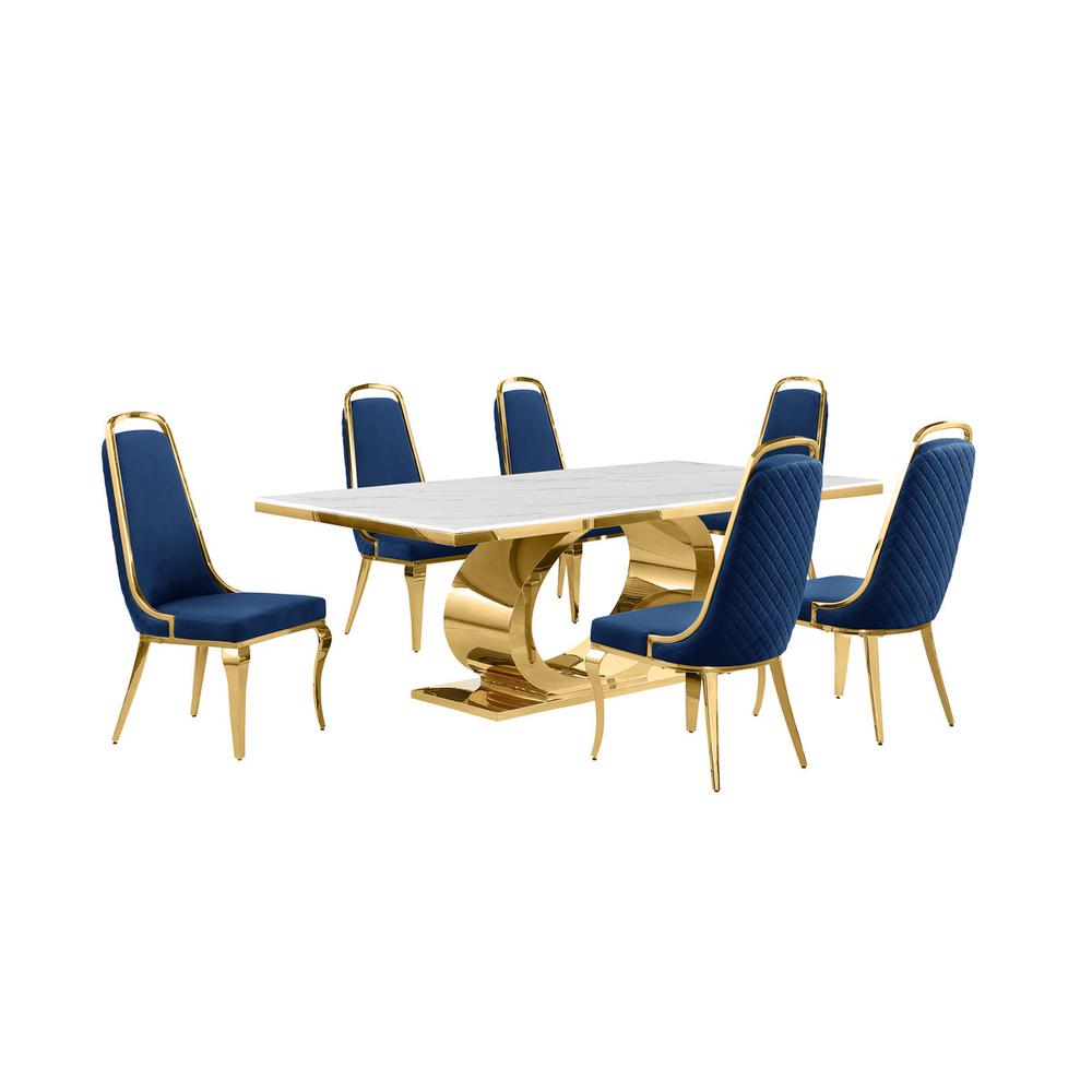 7pc Large (87") marble top dining set with gold base and 6 Navy blue side chairs