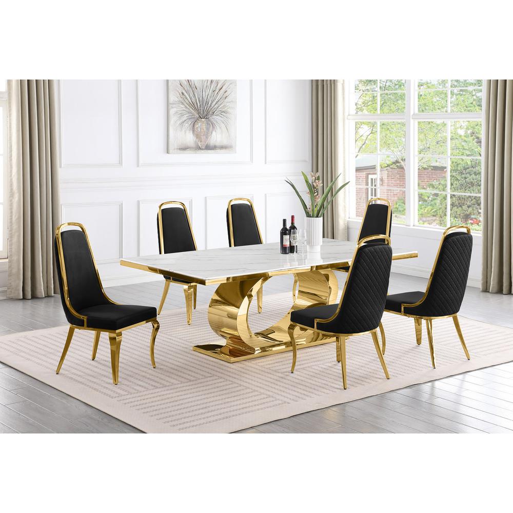 7pc Large (87") marble top dining set with gold base and 6 Black side chairs
