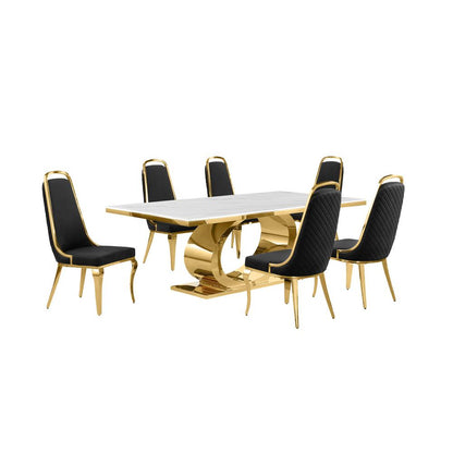 7pc Large (87") marble top dining set with gold base and 6 Black side chairs