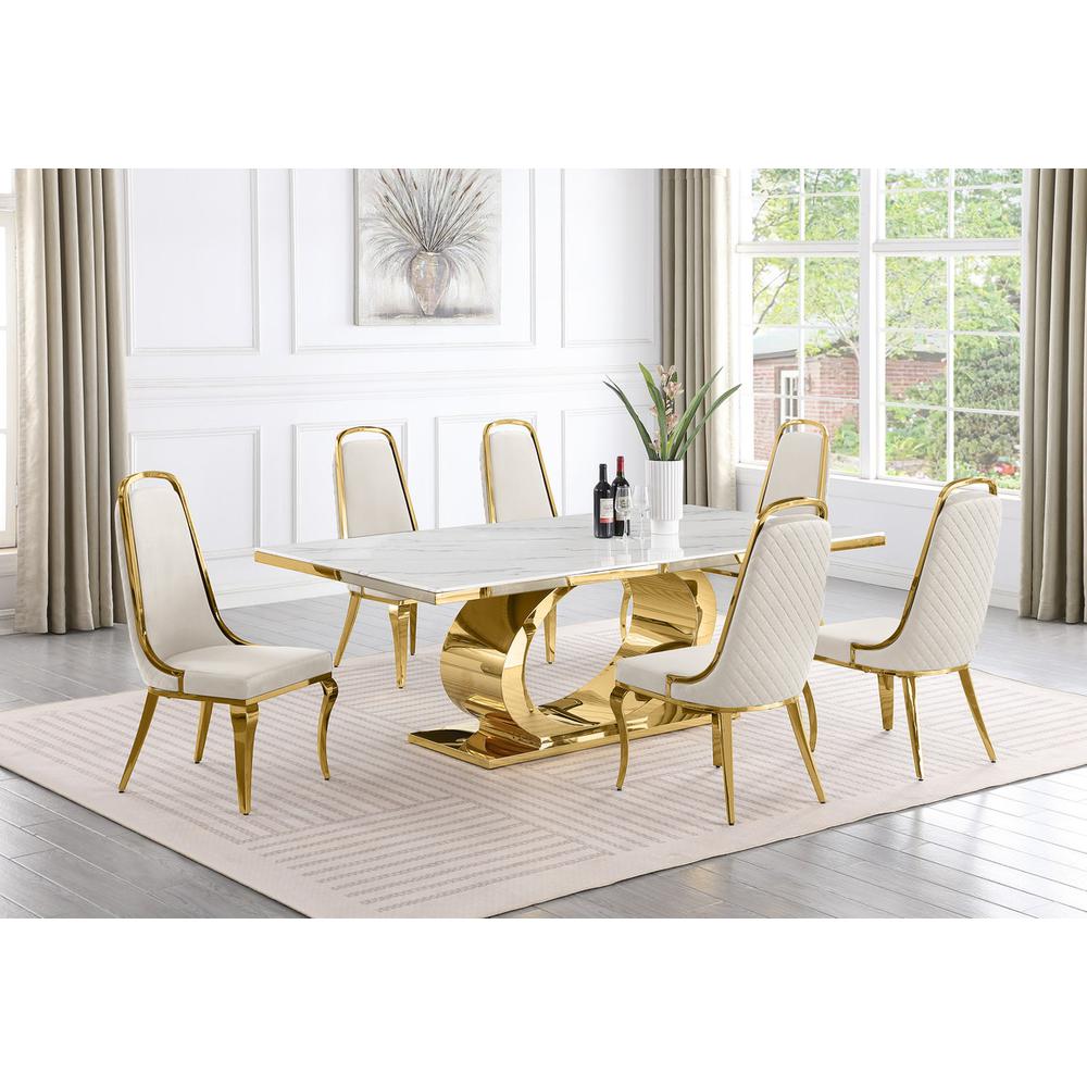 7pc Large (87") marble top dining set with gold base and 6 Cream side chairs