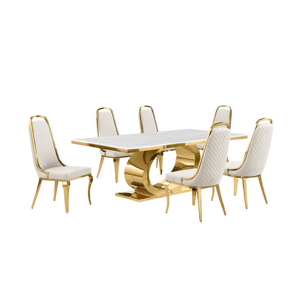 7pc Large (87") marble top dining set with gold base and 6 Cream side chairs