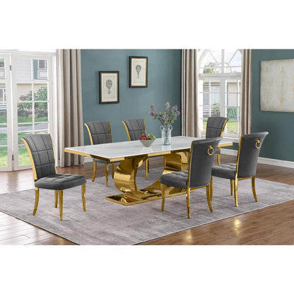 7pc Large(87") marble top dining set with gold base and 6 Dark grey side chairs