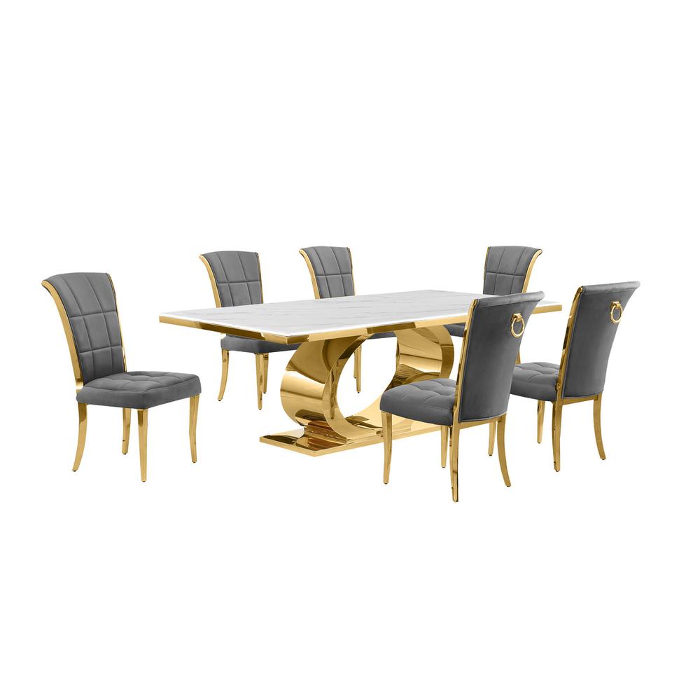 7pc Large(87") marble top dining set with gold base and 6 Dark grey side chairs