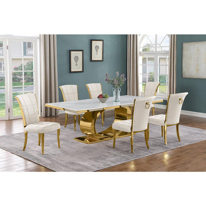 7pc Large(87") marble top dining set with gold base and 6 Cream side chairs