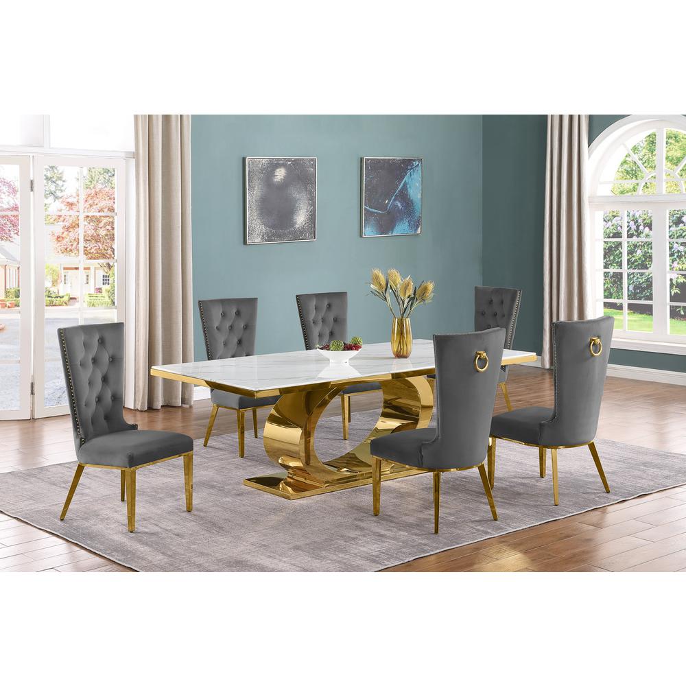7pc Large(87") marble top dining set with gold base and 6 Dark grey side chairs