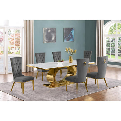 7pc Large(87") marble top dining set with gold base and 6 Dark grey side chairs