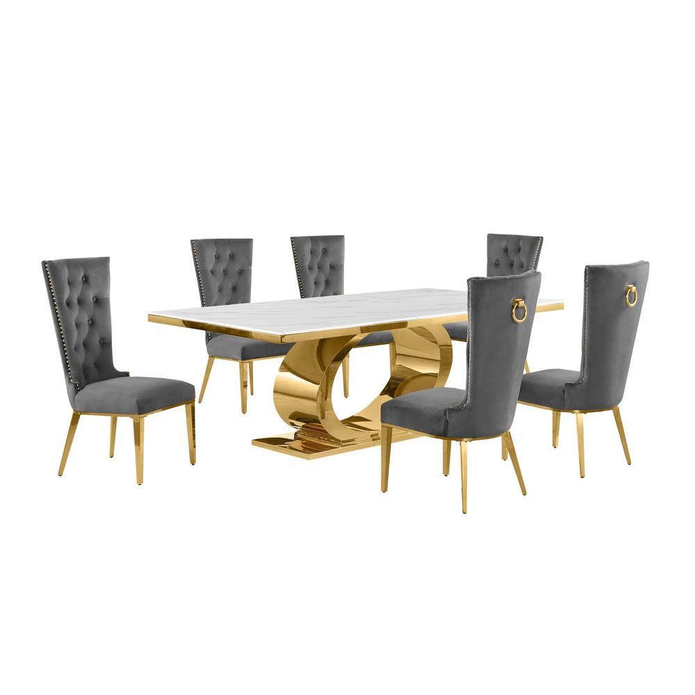 7pc Large(87") marble top dining set with gold base and 6 Dark grey side chairs
