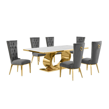 7pc Large(87") marble top dining set with gold base and 6 Dark grey side chairs