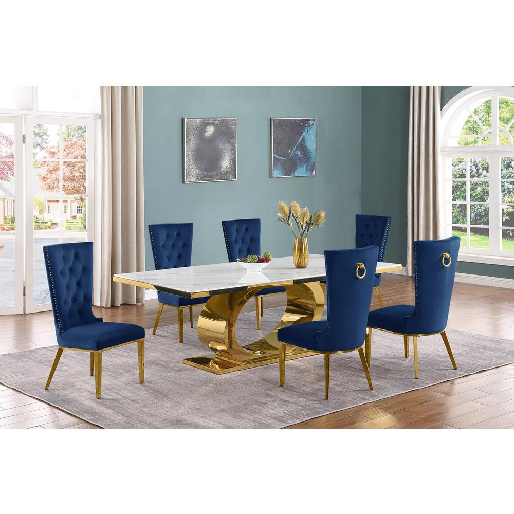 7pc Large(87") marble top dining set with gold base and 6 Navy blue side chairs