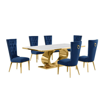 7pc Large(87") marble top dining set with gold base and 6 Navy blue side chairs