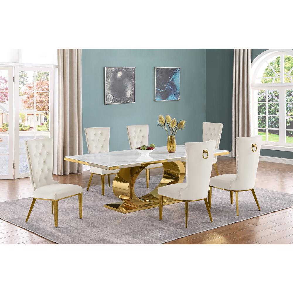 7pc Large(87") marble top dining set with gold base and 6 Cream side chairs