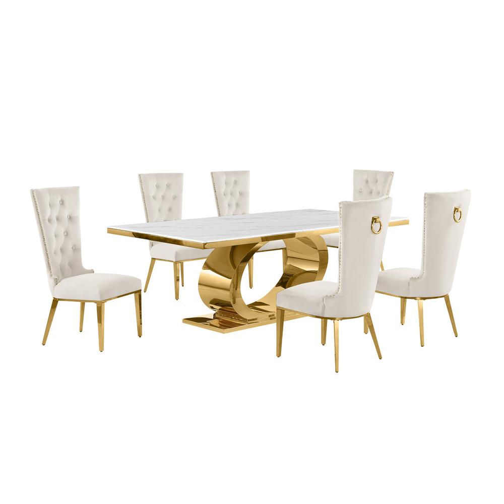 7pc Large(87") marble top dining set with gold base and 6 Cream side chairs