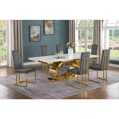 7pc Large(87") marble top dining set with gold base and 6 Dark grey side chairs
