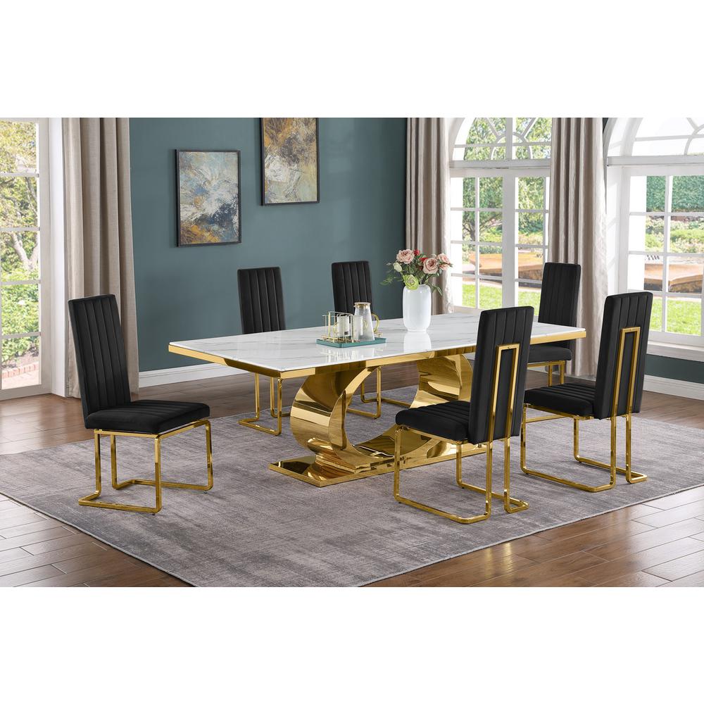 7pc Large(87") marble top dining set with gold base and 6 Black side chairs
