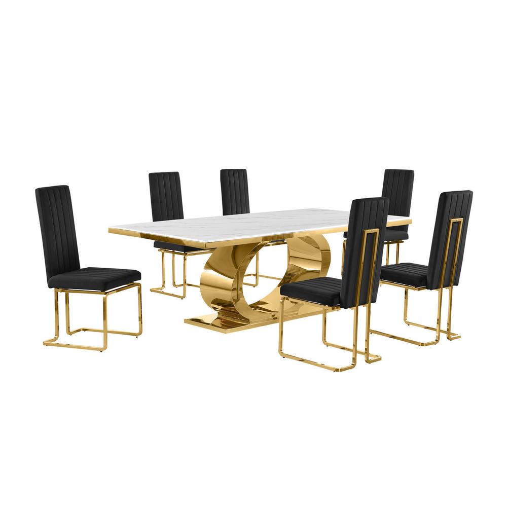 7pc Large(87") marble top dining set with gold base and 6 Black side chairs
