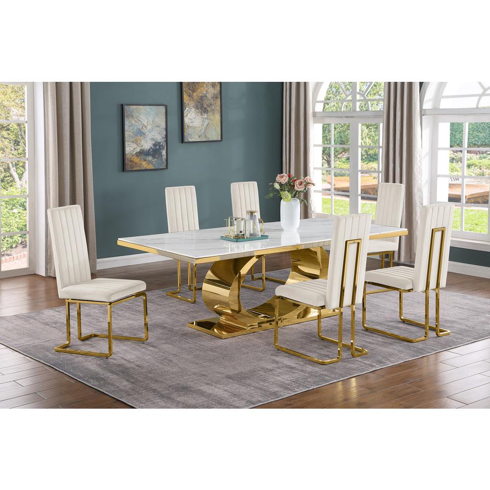 7pc Large(87") marble top dining set with gold base and 6 Cream side chairs