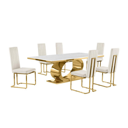 7pc Large(87") marble top dining set with gold base and 6 Cream side chairs