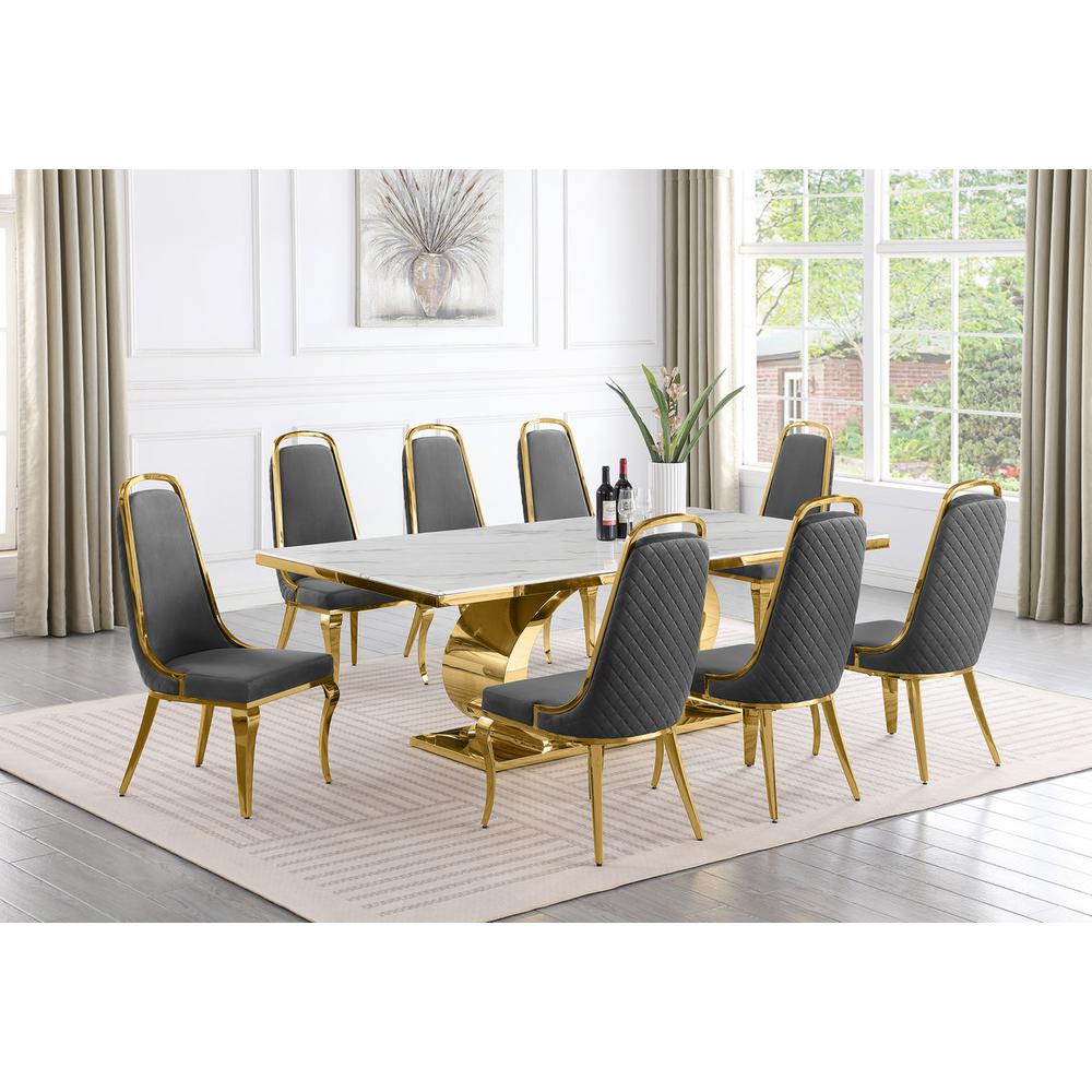 9pc Large(87") marble top dining set with gold base and 8 Dark grey side chairs