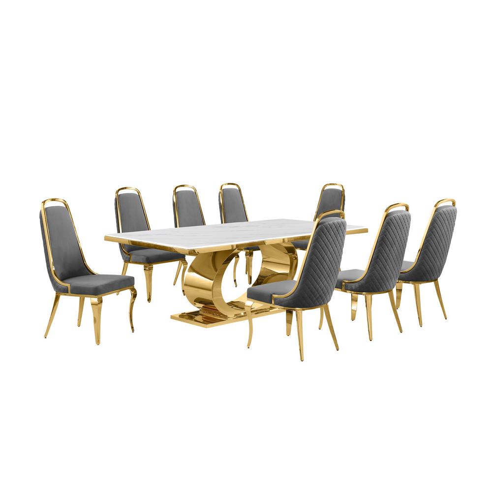 9pc Large(87") marble top dining set with gold base and 8 Dark grey side chairs